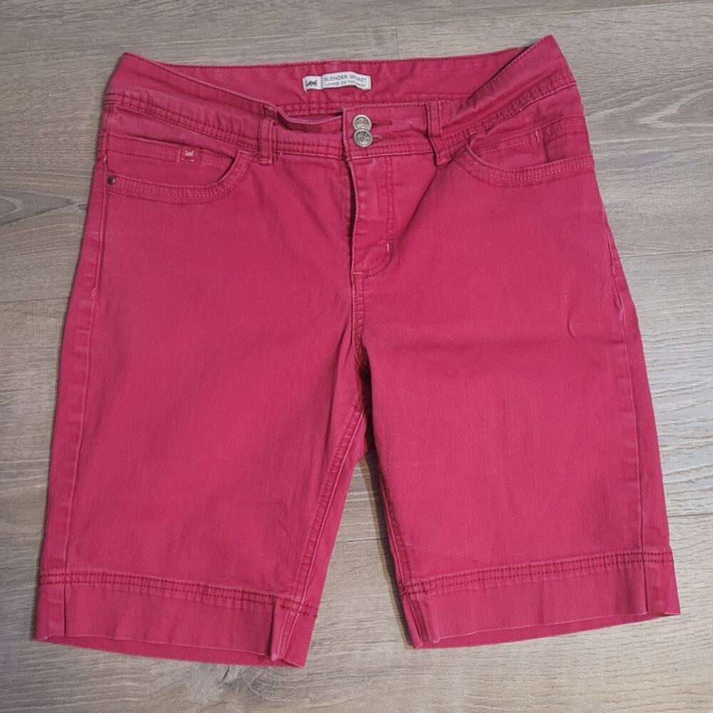Lee Pink Denim Shorts 9 Inseam Mid Rise Stretch Modest Summer Dopamine Magenta
